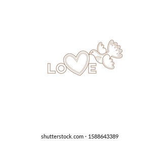Vector illustration, line art Love text and pigeon with heart in its beak. Romantic love logo. Dove linear icon. Design element for Valentines Day greetings. Line art symbol for Day Of Love. Isolated.