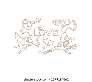 Vector illustration, line art Love text, Cupid, pigeon, tulips, lock, key. Romantic love logo. Linear icons. Design element for Valentines Day greetings, tattoo, coloring book. Symbol for Day Of Love