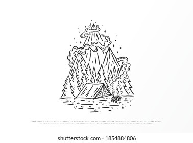 vector illustration of line art monoline outdoor nature image with vintage style, design can be used for print and digital needs