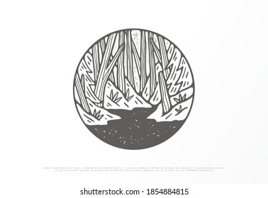 vector illustration of line art monoline outdoor nature image with vintage style, design can be used for print and digital needs