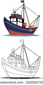 vector illustration and line art of the ocean fishing boat
