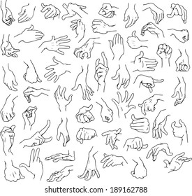 Vector illustration line art pack of man hands in various gestures. 