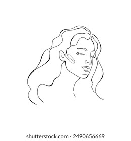 Ilustración vectorial de un retrato de arte lineal de una mujer con ojos cerrados y pelo largo. Silueta, dibujo lineal. Aislado sobre fondo blanco.