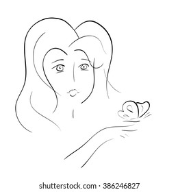 Vector illustration line art portrait of beautiful young woman with long hair looking on butterfly sitting on her hand in windy weather
