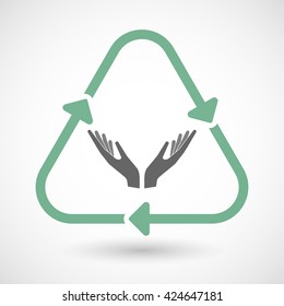Vector illustration of a line art recycle sign icon with  two hands offering