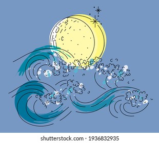 Vector illustration of line art sea waves at night and the moon. Outline with paint spots