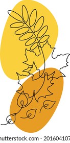 Ilustración del vector: dibujo en línea de arce, rowan, hojas de abedul y puntos abstractos de amarillo dorado. Elementos para tarjeta de diseño de otoño, afiche, decoración de pared, invitación.