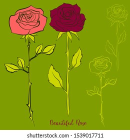 Vector illustration in line art style. Beautiful roses for a tattoo. Linear drawing of a rose. Flowers for printing, for cards, for a pattern.