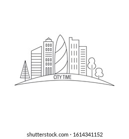 Vector illustration in line art style. Black and white buildings, trees and lettering city time for card, poster,web. EPS 10.