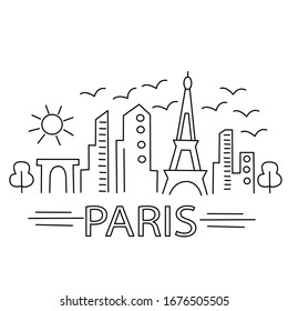 Vector illustration in line art style on a white background with the image of the city silhouette and the inscription Paris. For the design of posters, cards, prints on covers of notebooks, textiles.