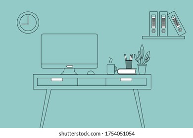 Ilustración vectorial en línea estilo arte espacio de trabajo interior hogar con pantalla moderna de ordenador con libros de pantalla en blanco taza de café casa estantes de planta con carpetas reloj en la pared