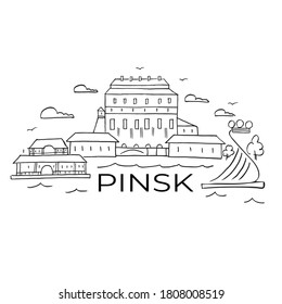 Ilustración de vectores en línea de estilo de arte emblemático del colegio Jesuita de Pinsk y la estación fluvial