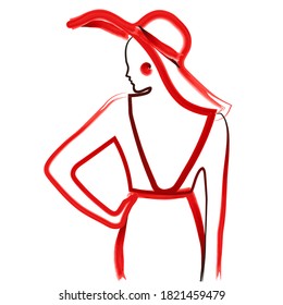 Ilustración vectorial en el estilo Arte de línea. Silhouette de Girl in Vress con la espalda abierta y el sombrero. Líneas de acuarela rojas.