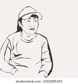 vector illustration with line art style of a woman wearing a hat with a serious face