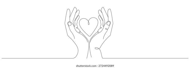 Ilustración vectorial en estilo de arte de línea: dos manos sosteniendo un corazón. Línea editable.