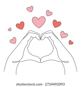 Ilustración vectorial en estilo de arte de línea: dos manos sosteniendo un corazón. Línea editable.