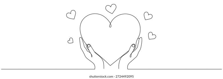Ilustración vectorial en estilo de arte de línea: dos manos sosteniendo un corazón. Línea editable.