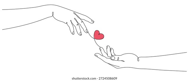 Ilustración vectorial en estilo de arte de línea: dos manos sosteniendo un corazón. Línea editable.