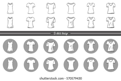 Vector illustration of line art style and realistic women's t-shirt without mesh. Front view. Set t-shirts mockup.