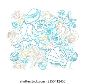 Vector illustration of line art tropical sea elements, seashells, starfish. Doodles of marine life. Sea decor for scrapbook, card, decoration, design. Ocean, sea creatures. Maritime illustration