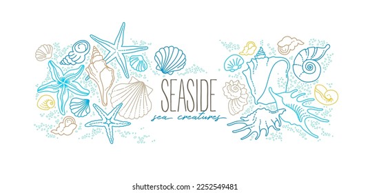 Vector illustration of line art tropical sea elements, seashells, starfish. Doodles of marine life. Sea decor for scrapbook, card, decoration, design. Ocean, sea creatures. Maritime illustration