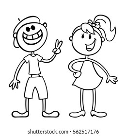 Vector illustration in line art. Young people smile and talk. Cartoon boy and girl. Monochrome