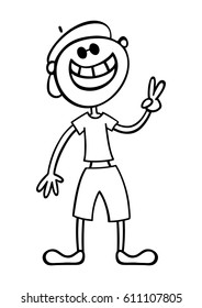 Vector illustration in line art. Young man smile. Cartoon guy. Monochrome image boy