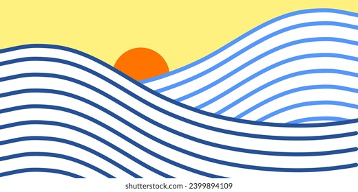 Vector illustration of line background. The shape is like a sea wave and a bright orange sun.