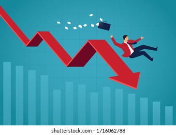 Vector illustration of a line and bar graph with a businessman sliding down.