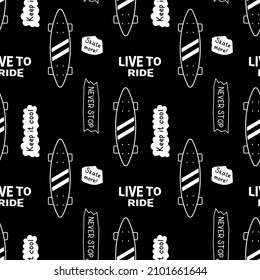 Vector Illustration of Line Board on Black Color Background with Phrase Live to Ride. Skateboarding Seamless Pattern with Cartoon Skateboard. Flat Line Art Style Design with Skate for T-shirt, Print