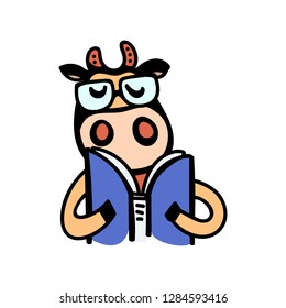 Vector illustration, line cartoon brown cow wearing glasses and reading blue book. Hand drawn, isolated. Applicable for package, poster, label designs, banners, flyers etc.