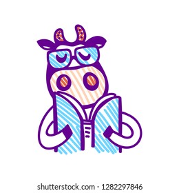 Vector illustration, line cartoon cow wearing glasses, reading book. Hand drawn, violet outline, isolated. "Fresh milk" lettering. Applicable for package, poster, label designs, banners, flyers etc.