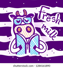 Vector illustration, line cartoon cow wearing glasses and reading book. Hand drawn, isolated. "Fresh milk" lettering. Violet colors. Applicable for package, poster, label designs, banners, flyers etc.