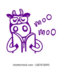 Vector illustration, line cartoon cow wearing glasses and reading book. Hand drawn, isolated. "MOO" lettering. Violet colors. Applicable for package, poster, label designs, banners, flyers etc.