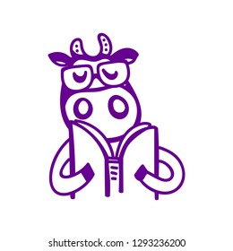 Vector illustration, line cartoon cow wearing glasses, reading book. Hand drawn, violet outline, isolated. "Fresh milk" lettering. Applicable for package, poster, label designs, banners, flyers etc.