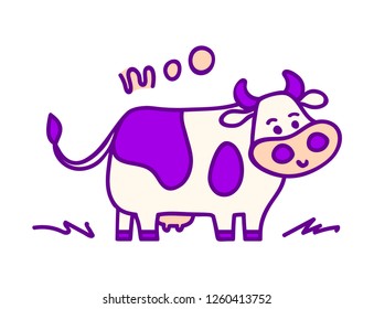 Vector illustration, line cartoon sketched standing spotted cow. Hand drawn, isolated, violet colors. With "MOO" lettering. Applicable for package, poster, label designs, banners, flyers etc.