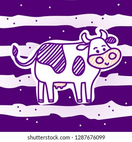 Vector illustration, line cartoon, sketched, doodled standing spotted cow. Hand drawn, isolated. Applicable for package, poster, label designs, banners, flyers etc.