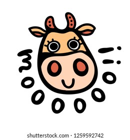 Vector illustration, line cartoon smiling cow face. Hand drawn, isolated. With "MOO!!" lettering. Applicable for package, poster, label designs, banners, flyers etc.