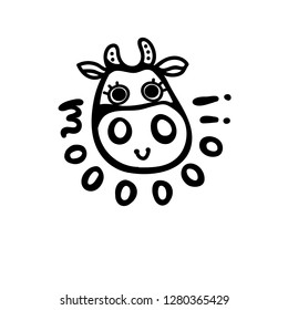 Vector illustration, line cartoon smiling cow face. Hand drawn, isolated. With "MOO!!" lettering. Applicable for package, poster, label designs, banners, flyers etc.