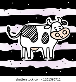 Vector illustration, line cartoon standing spotted cow. Hand drawn, paper (cut) art style, striped background. Applicable for package, poster, label designs, banners, flyers etc.