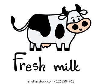 Vector illustration, line cartoon standing spotted cow. Hand drawn, black outline, isolated. With "Fresh milk" lettering. Applicable for package, poster, label designs, banners, flyers etc.