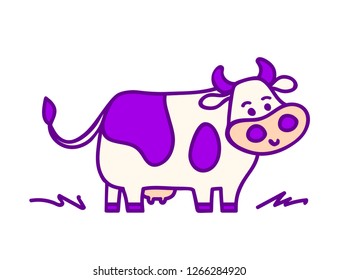 Vector illustration, line cartoon standing spotted cow in violet colors. Hand drawn, isolated. Applicable for package, poster, label designs, banners, flyers etc.