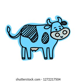 Vector illustration, line cartoon standing spotted cow. Hand drawn, isolated. Applicable for package, poster, label designs, banners, flyers etc.