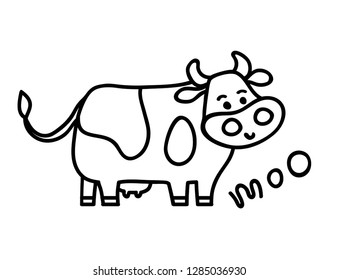 Vector illustration, line cartoon standing spotted cow. Hand drawn, isolated. With "MOO" lettering. Applicable for package, poster, label designs, banners, flyers etc.