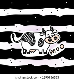 Vector illustration, line cartoon standing spotted cow. Hand drawn, paper (cut) art style, striped background. With "MOO" lettering. Applicable for package, poster, label designs, banners, flyers etc.