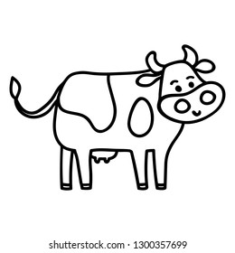 Vector illustration, line cartoon standing spotted cow. Hand drawn, isolated. Applicable for package, poster, label designs, banners, flyers etc.