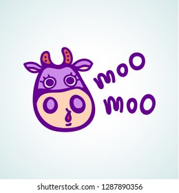 Vector illustration, line cartoon surprised violet cow face. Hand drawn, colored with "MOO" lettering. Applicable for package, poster, label designs, banners, flyers etc.