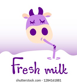 Vector illustration, line cartoon violet cow drinking milk with straw. Hand drawn, Isolated. "Fresh milk" lettering. Applicable for package, poster, label designs, banners, flyers etc.