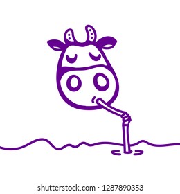 Vector illustration, line cartoon violet cow drinking milk with straw. Hand drawn, Isolated. Applicable for package, poster, label designs, banners, flyers etc.