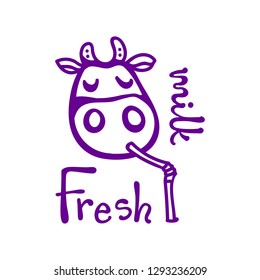 Vector illustration, line cartoon violet cow drinking milk with straw. Hand drawn, Isolated. "Fresh milk" lettering. Applicable for package, poster, label designs, banners, flyers etc.